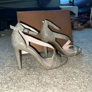 Audrey Brooke gold sparkle heels straps and buckle open toed worn once #heel